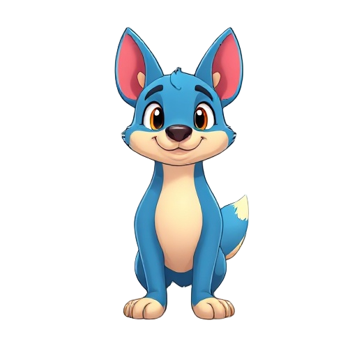 personagem na cor azul, amarela e rosa, em formato de cachorro com asas