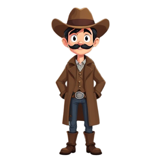 cowboy with short black hair and mustache, brown coat and hat