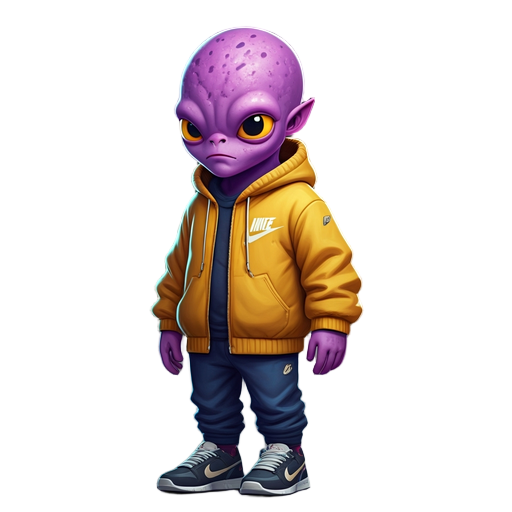 purple hoddie, alien, blue pants, nike sneakers, yellow eyes