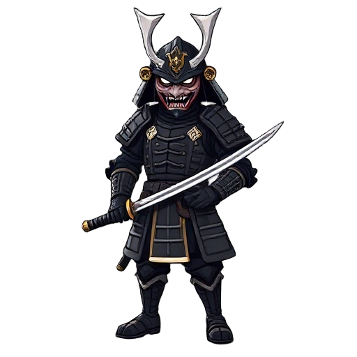 a samurai using an armour with an oni mask, and holding a katana, all his armour is black with white and gold touches