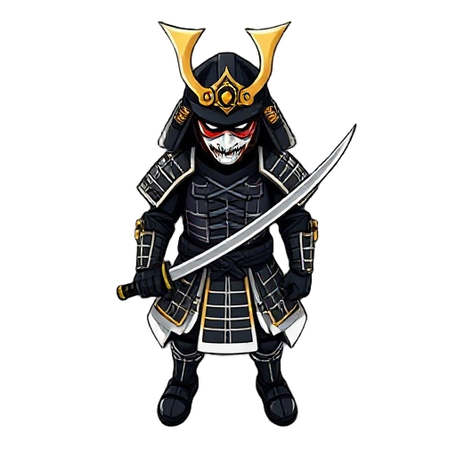 a samurai using an armour with an oni mask, and holding a katana, all his armour is black with white and gold touches