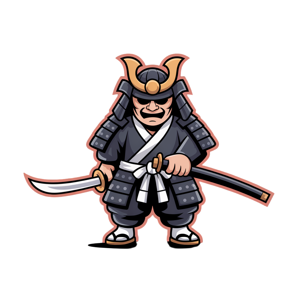 a samurai using an armour with an oni mask, and holding a katana, all his armour is black with white and gold touches