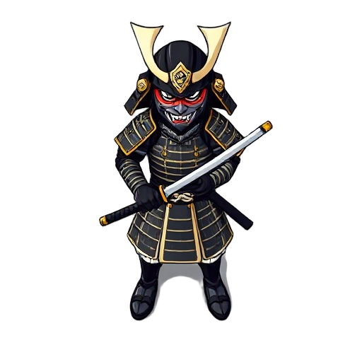 a samurai using an armour with an oni mask, and holding a katana, all his armour is black with white and gold touches