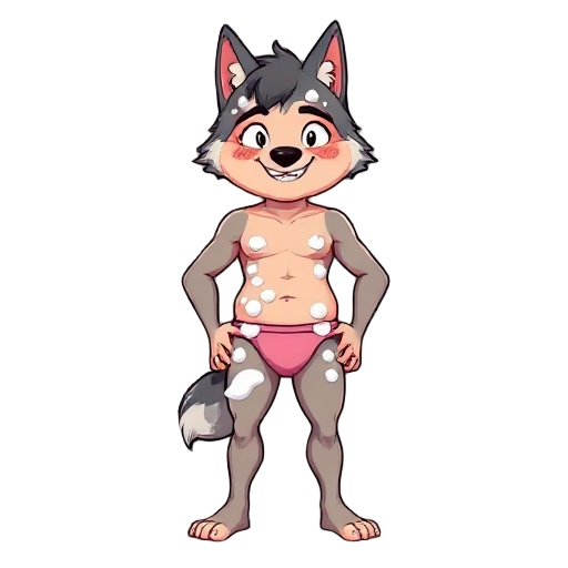 sexual face - boy - with panties - pink panties - milk all over the body - red face with excitement - wolf