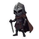 2d knight explorer with closed helmet, light armor, and flowing cape. dark fantasy style inspired by hollow knight and dead cells. detailed 2d art, mysterious atmosphere, simple or transparent background, ready for use in a game.