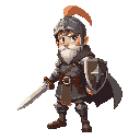 create a 2d game character design of a knight adventurer who explores a vast fantasy world. the character should look brave, mysterious, and experienced, wearing a light but detailed armor that allows agility — not too bulky. he carries a sword and a smal