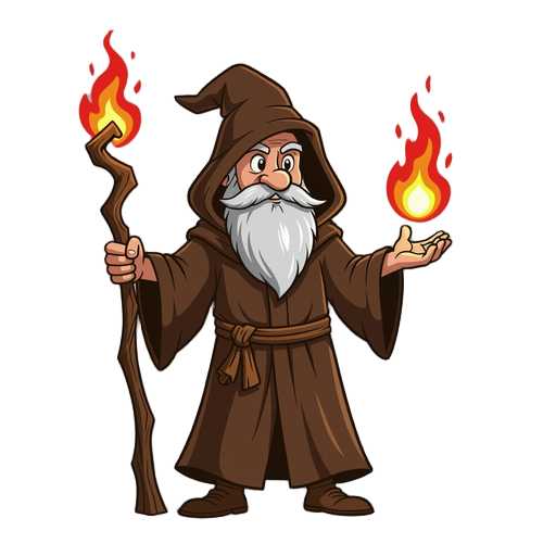 wizard in brown robes and a hood, holding a staff with a red tip that is igniting, pop art style