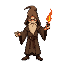a wizard in brown robes and a hood, holding a staff with a red tip that is igniting. tibia style.