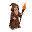 a wizard in brown robes and a hood, holding a staff with a red tip that is igniting. tibia style.