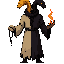  a humanoid priest with two serpent heads, one gold and one black, twisting around each other. torn half-white, half-purple robes. broken rosary in one hand, burning serpent tongue in the other. dark, mystical, symbolic lighting, no background.