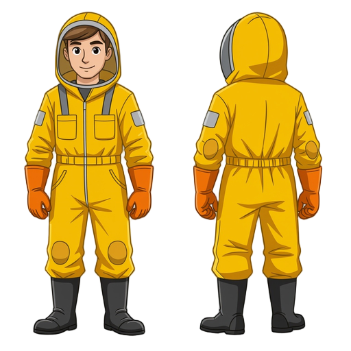 a character wearing a yellow beekeeper suit.  the character should have a full-body yellow protective suit with orange gloves and black boots. 