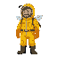 a character wearing a yellow beekeeper suit.  the character should have a full-body yellow protective suit with orange gloves and black boots. 