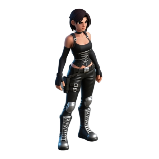 create a 3d isometric female character in dead frontier style. dark-haired, serious expression, athletic build. black tactical outfit with metallic buckles on corset and legs, long sleeves, high boots with silver details, leather pants, crossed metal stra