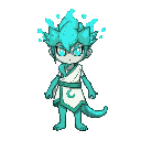 a pixelated water elemental stands against a textured brown backdrop, with flowing water shaping its crownlike head and turquoise glowing eyes. the character, dressed in a white tunic trimmed in green, features simple arms and legs in muted teals, with a 