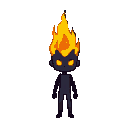 in this pixelated digital illustration, a humanoid figure stands against a dark brown backdrop, its head crowned by a flickering flame in vibrant yellow, orange, and red tones. the character's minimalist face features glowing yellow eyes, devoid of any mo