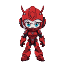 character with red robotic armor and white hair with blue eyes, with helmet with two tips