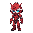 character with red robotic armor and white hair with blue eyes, with helmet with two tips