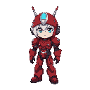 character with red robotic armor and white hair with blue eyes, with helmet with two tips that is in the "idle" position