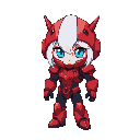 character with red robotic armor and white hair with blue eyes, with helmet with two tips