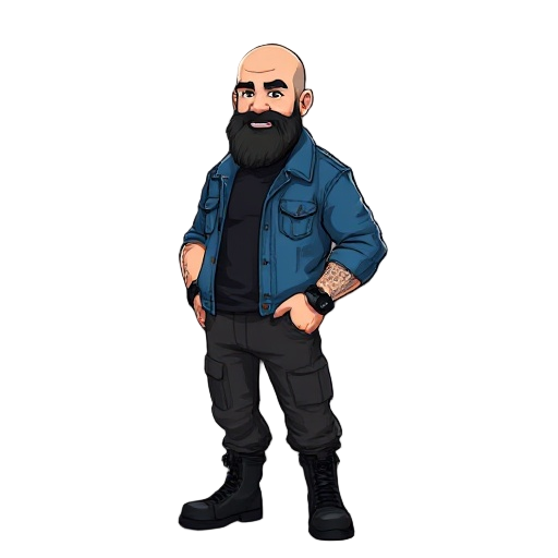 bald man, black beard, black cargo pants, black t-shirt, black boots, blue denim jacket."