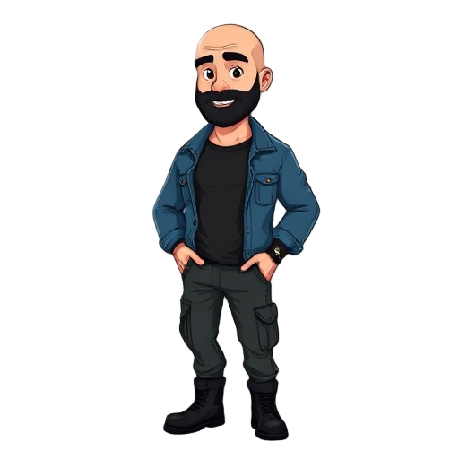 bald man, black beard, black cargo pants, black t-shirt, black boots, blue denim jacket."