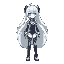 she has twin tails at the back, white hair, and ice-blue eyes. she wears a futuristic outfit with a sleek design, incorporating sub