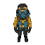 of a male character,  a full-face gas mask inspired by chernobyl gear, and a blue oxygen tank on his back.
