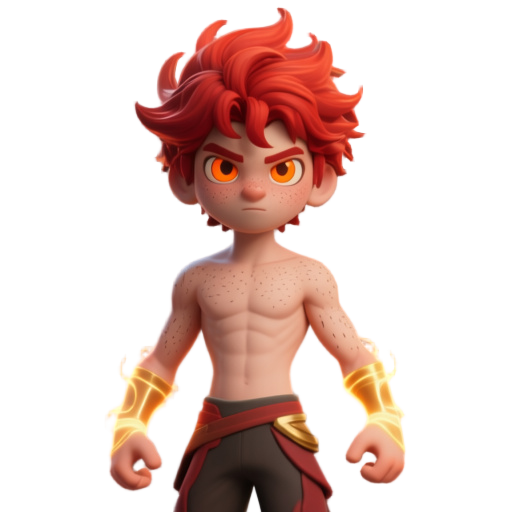 físico  altura um pouco abaixo da média para a idade  corpo magro, resistente e ágil  pele clara com sardas no rosto e nos ombros  cabelos vermelhos intensos, bagunçados, sempre parecendo quentes ao toque  olhos alaranjados ou dourados, que ficam incandes