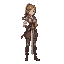 woman in caual clothing holding a sword.