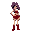a female 16-bit video game character in snes style, standing in a side-scroller pose. she has wild purple hair (no ponytail), a red outfit with short boots, and a confident expression. the style is in