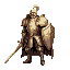knight.white and gold armor, short, red cape, big sword and shield