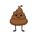 a poo with a smiling face and two simple stick legs, the poo doesn't have arms.