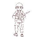 minimalist white silhouette icon of a world war ii infantry soldier, wearing an m1-style helmet, holding a rifle, in a walking or patrolling pose. flat design, clean and simple, front or 3/4 view, on 