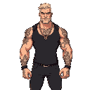 a tough white man in his late 20s or early 30s, muscular build, with visible tattoos on his neck and arms, wearing a fitted tank top or leather jacket, gold chains, and dark jeans.