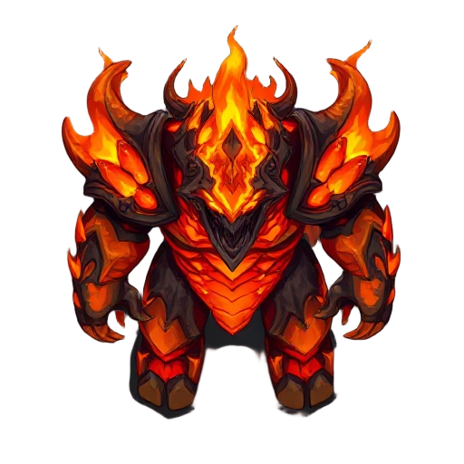 ire guardian boss, a massive lava creature made of molten rock with glowing cracks and fiery armor, bright orange and dark basalt palette, dramatic lighting and shading