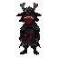 a samurai wearing a red mask that covers only the lower part of his face, a kasa hat on his head, and a torn cloak. in dark, gloomy tones, japanese dark fantasy style, full-length, sprite for a game.