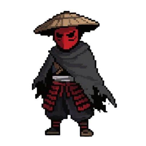 a 2d pixel sprite of samurai wearing a red mask that covers only the lower part of his face, a kasa hat on his head, and a torn cloak. in dark, gloomy tones, japanese dark fantasy style, full-length, sprite for a game.