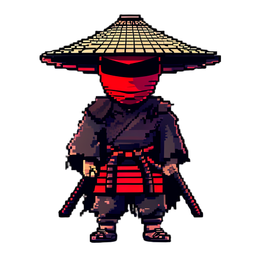 a 2d pixel sprite of samurai wearing a red mask that covers only the lower part of his face, a kasa hat on his head, and a torn cloak. in dark, gloomy tones, japanese dark fantasy style, full-length, sprite for a game.