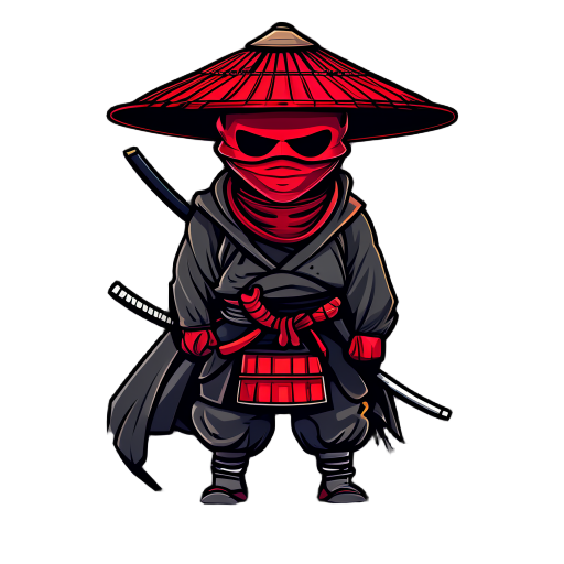 a simple samurai wearing a red mask that covers only the lower part of his face, a kasa hat on his head, and a torn cloak. in dark, gloomy tones, japanese dark fantasy style, full-length, sprite for a game.