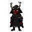 a samurai wearing a red japanese demon mask that covers only the lower part of his face, a kasa hat on his head, and a torn cloak. in dark, gloomy tones, japanese dark fantasy style, full-length, sprite for a game.
