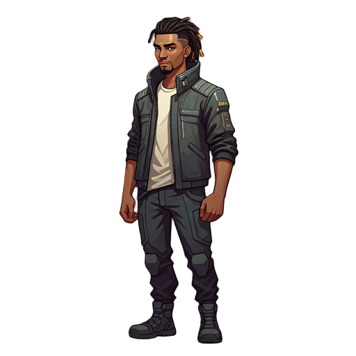 cyberpunk male human main character, 2.5d style, full body, standing upright in a confident pose, facing forward, calm but determined expression, short side-fade dreadlock hairstyle swept slightly to the right with subtle yellow highlights, skin tone #bb7