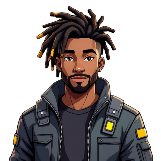 cyberpunk male human main character, 2.5d style, full body, standing upright in a confident pose, facing forward, calm but determined expression, short side-fade dreadlock hairstyle swept slightly to the right with subtle yellow highlights, skin tone #bb7