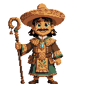 sacerdote mexíca, de piel morena con ojos verdes y sonrisa prominente con atuendo típico de la región del sur de méxico con su staff de poder y detalles de ornamentas en su traje