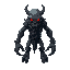 a humanoid monster made of shifting shadows, with glowing red eyes and elongated limbs. chains are wrapped around its body, rattling as it moves. 