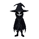 make a character with a witch's hat, a mask, a torn black cape, an all-black uniform, the art style is very dark, like hollow knight