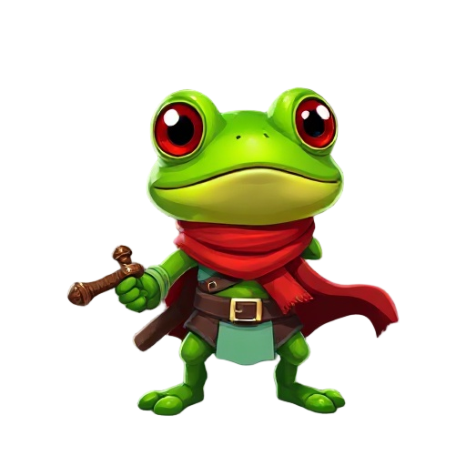 a green frog warrior, with a red scarf and a sword
