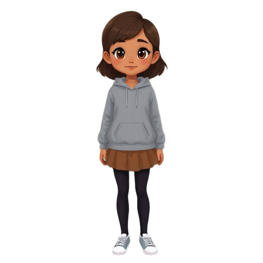 brown-skinned girl wearing a gray sweatshirt, brown skirt, long black stockings, and white shoes