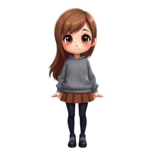 brown-haired girl, with brown eyes, a little bit of brown skin, gray sweatshirt with a brown skirt over it, black tights, black shoes
