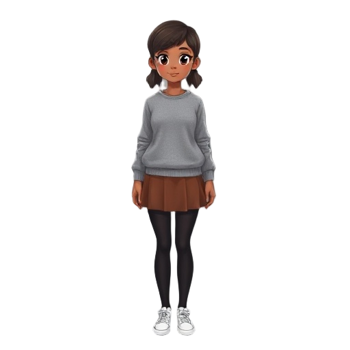 brown-skinned girl wearing a gray sweatshirt, brown skirt, long black stockings, and white shoes