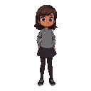 make me a girl with the following characteristics: dark brown hair brown skirt gray shirt long stockings black shoes and with brown skin, but not too dark.